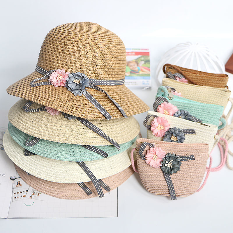 New Baby Girls Summer Handbag Suit Toddler Beach Sun Hats Hand Bag Set Kids Straw Hats