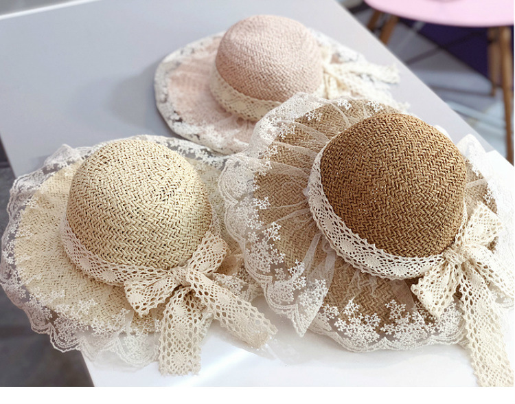 Girls Summer Breathable Lace Bow Sun Hat Sunscreen Beach Hat
