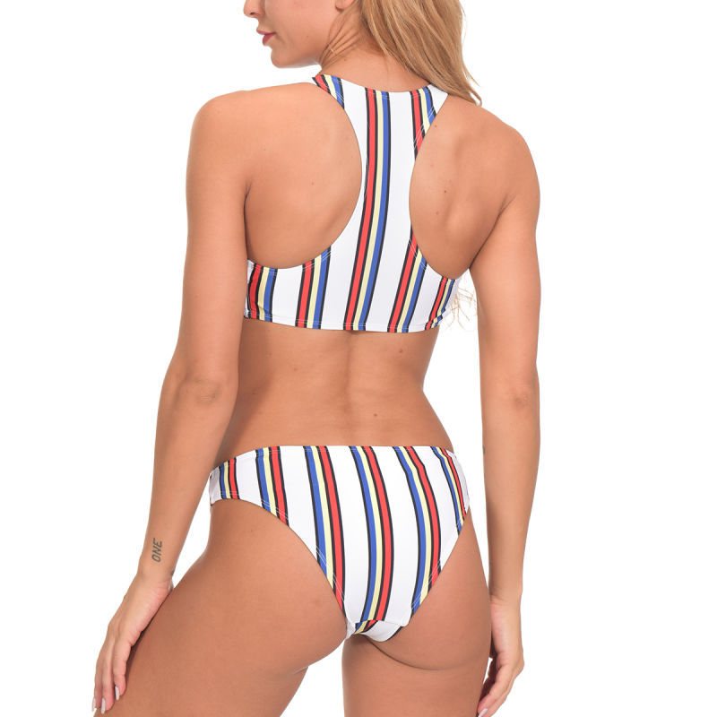 Sexy Striped Print Two Piece Padded Women Bodysuit Beach Swimsuit
