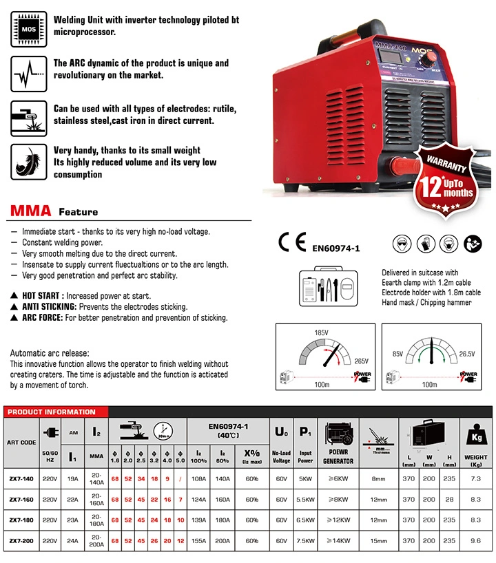 Mosfet DC Inverter Welder Zx7-180 160A Anti Sticking Welding Machine