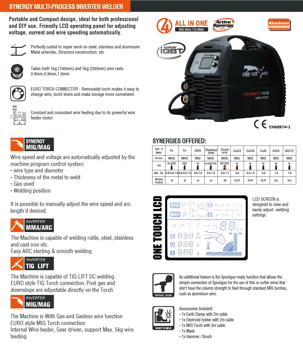 Ultra Portable Synergy Technology 220V MMA/TIG/Arc Welder Mag/MIG Welding Machine