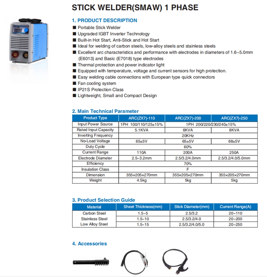 IGBT 1p 220V Arc/MMA-200A Lift TIG DC Inverter Welding Machine