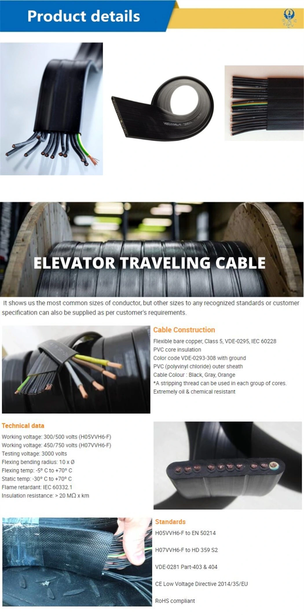 H05vvh6-F H07vvh6-F 0.75mm2 1mm2 Industrial Lift Tvvb Flexible Flat UTP Elevator Travel Cable