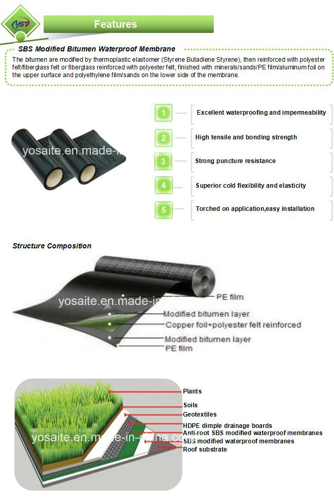 Anti-root (Cu foil) SBS/APP Modified Bitumen Waterproof Membranes for Garden Roofs and Build-up System
