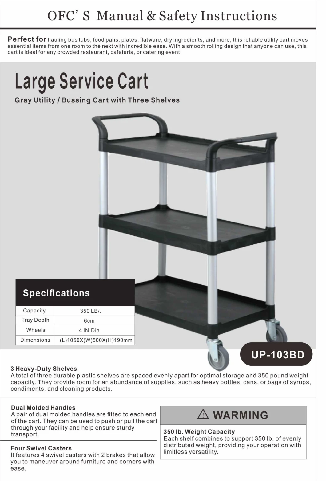 Heavy-Duty Service Cart, Handle Pull Gray/Black, 3 Shelf Utility/Bussing Cart