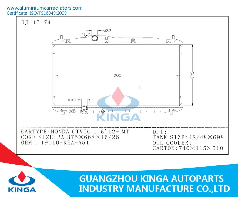 Aluminum Brazed Auto Radiator for Honda Civic 1.5 Year 2012-