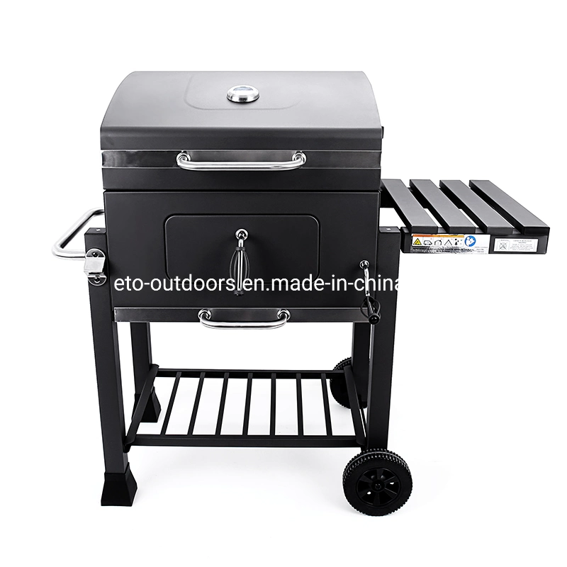 Garden Patio Charcoal Grill Portable BBQ Smoker Grill Square Trolley Cast Iron Grill