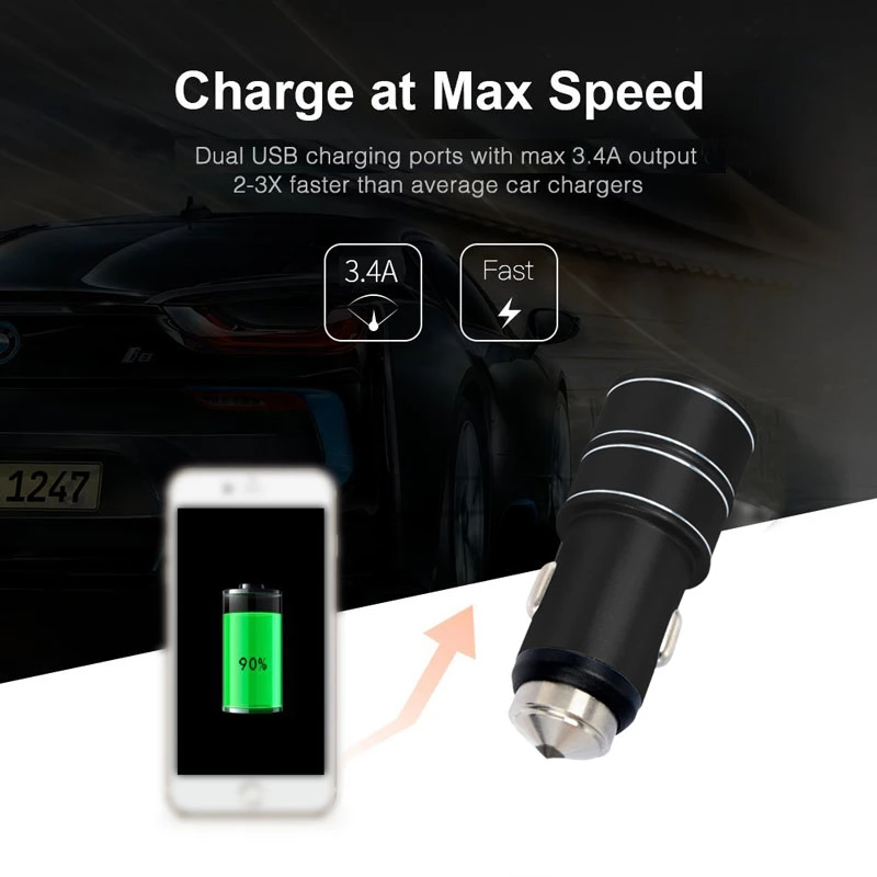17W Intelligent Bluetooth Positioning Car Charger with Emergency Safety Hammer