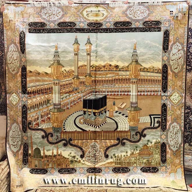 Islam Islamic Mosque Mecca Kaaba Caaba Handmade Silk Carpet Persian Tapestry Wall Hanging for Muslim Prayer Rug