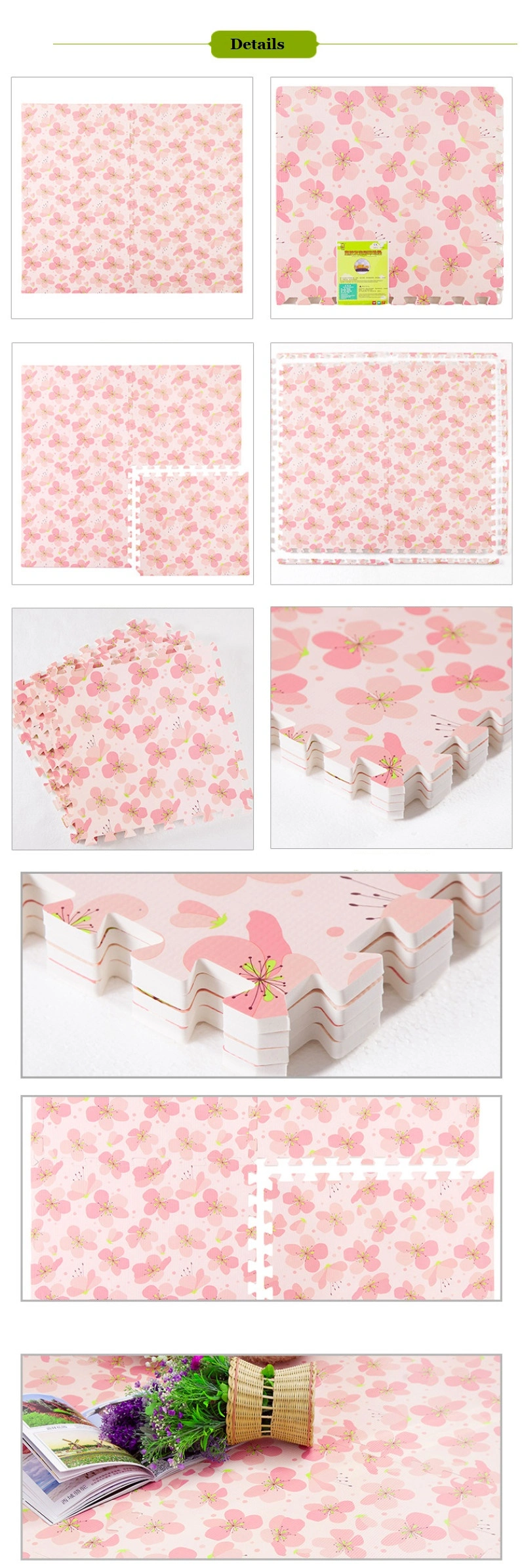 Playground Flower Print Design Non-Slip Tatami Mat EVA Foam Interlocking Puzzle Play Mat 24*24inch Baby Play Mat Baby Carpet for Kids Room