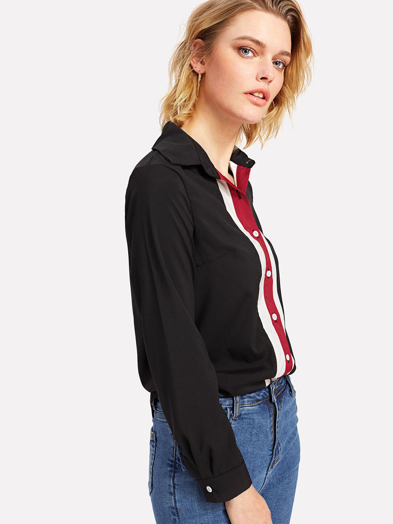 Fashion Striped Buttoned Placket Women Shirt