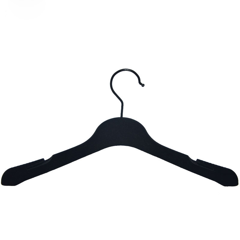 16 Inch Luxury Brand Plastic Black Flocked Hanger with Logo