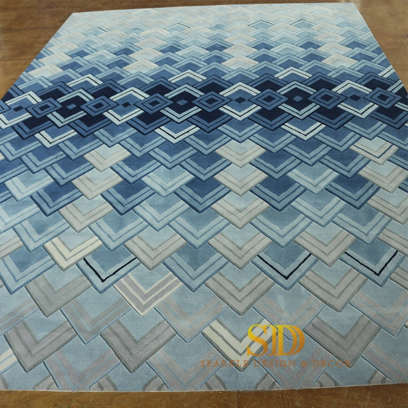 Modern Geometric Pattern Blue Wool Carpet/Rug Types for Family Room/Majlis Floor Decoration