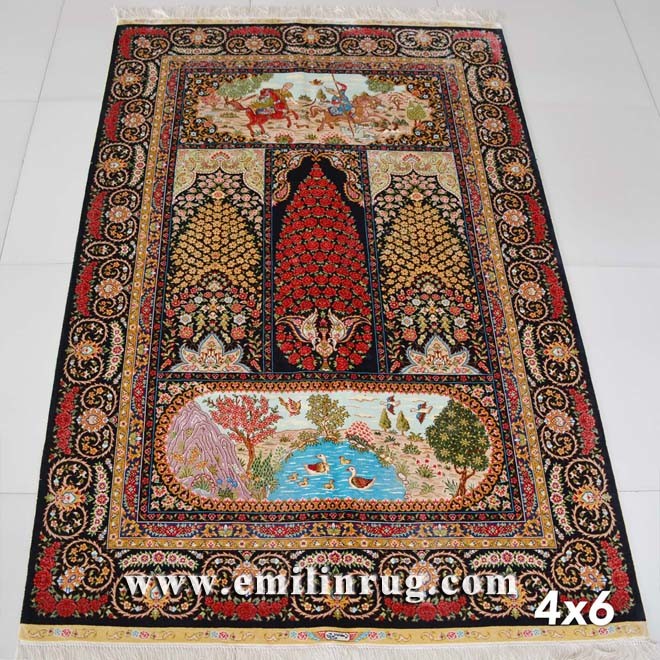 Red Handamde Turkish Silk Carpet Kashmir Persian Design Wall Hanging Tapestry