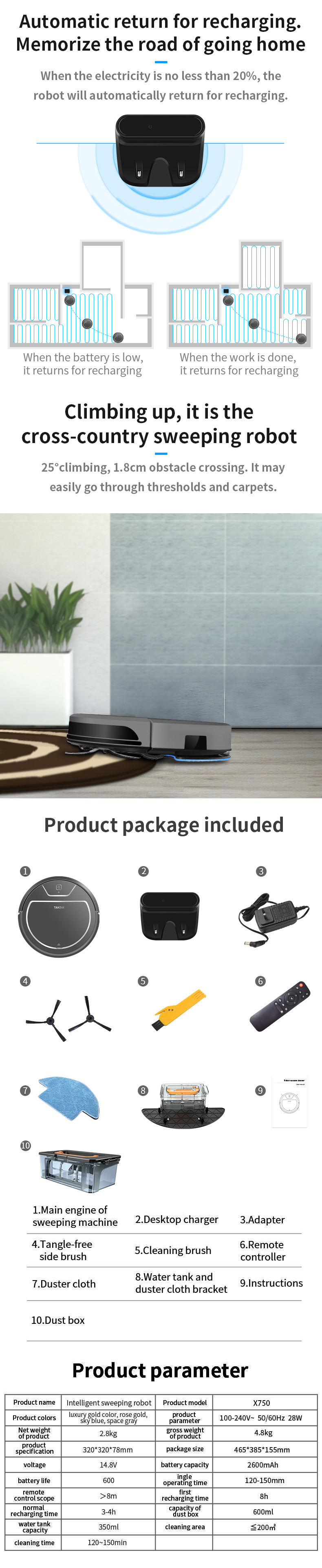 Cordless Carpet Cleaner and Robotic Vacuum Cleaner Have 2000PA Suction Power, Can Work on Short-Haired Carpet and Long-Haired Carpet