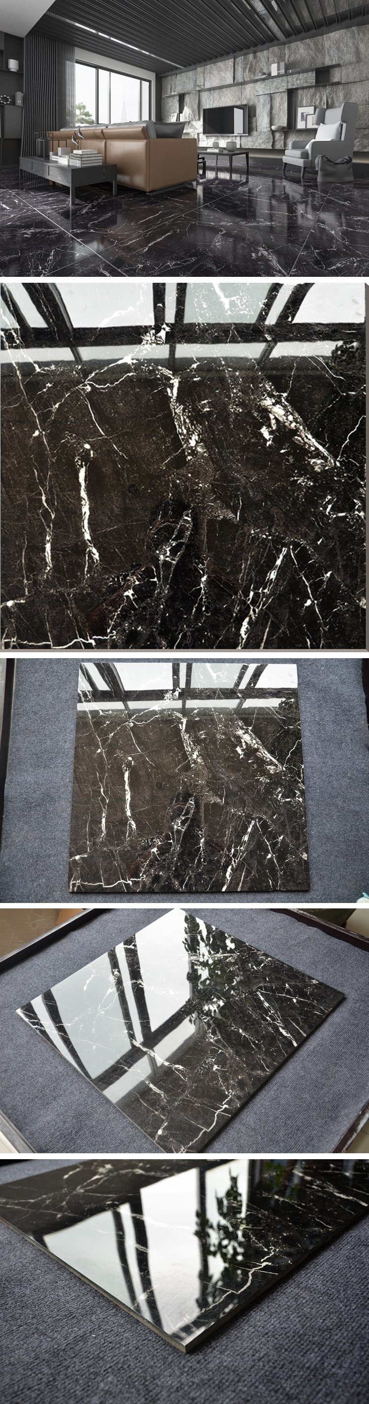 60X60 Glazed Surface Black Tile Flooring Modern Living Room