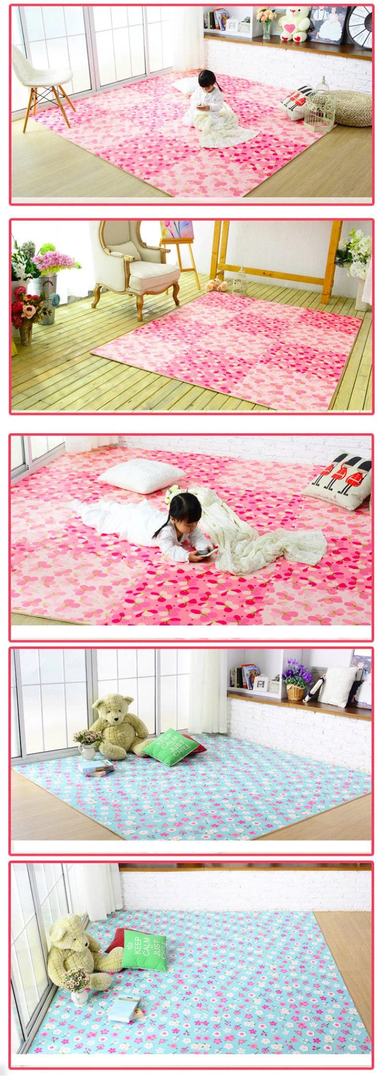 Playground Flower Print Design Non-Slip Tatami Mat EVA Foam Interlocking Puzzle Play Mat 24*24inch Baby Play Mat Baby Carpet for Kids Room