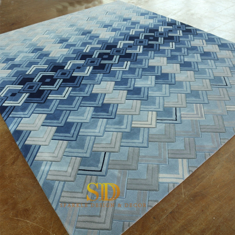 Modern Geometric Pattern Blue Wool Carpet/Rug Types for Family Room/Majlis Floor Decoration