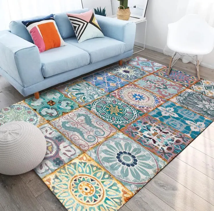 Fashion Retro Blue European Splicing Joining Decal Bedroom Door Living Room Kitchen Mat Carpet Rugs Customization