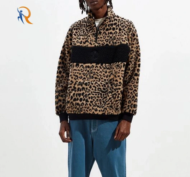 Custom Fleece Pullover Half Zipper Front Leopard Print Sheep Fur Kangaroo Pocket Hoodie Men Sweatshirt
