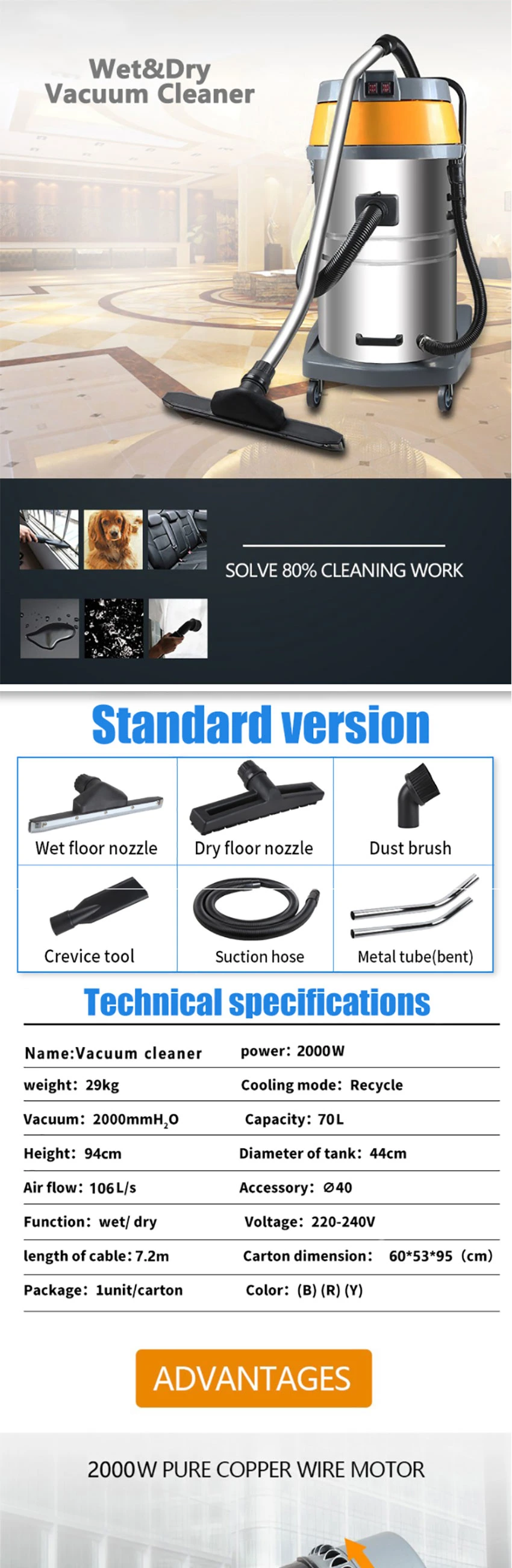 Hotel Appliance Commercial Carpet Washing Low Noise 2000W Wet Dry Blowing Commercial Vacuum Cleaner