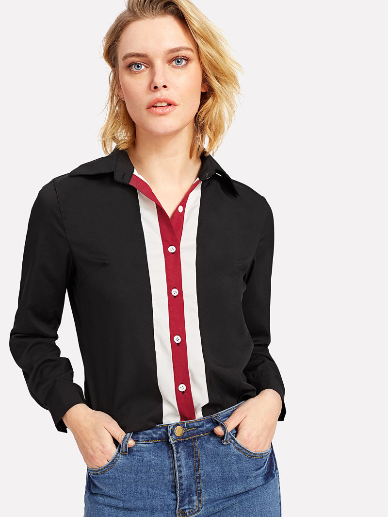 Fashion Striped Buttoned Placket Women Shirt