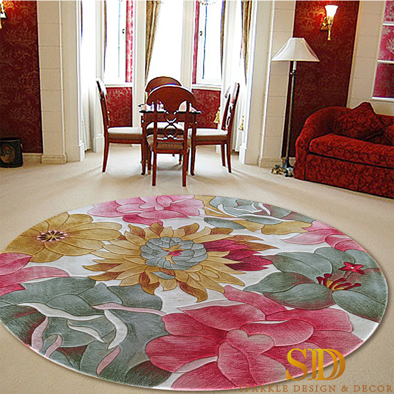 Round Chinese Lotus Flower Pattern Red Carpet/Rug Hand Tufted Living Room Rug Red