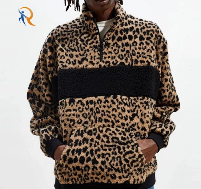 Custom Fleece Pullover Half Zipper Front Leopard Print Sheep Fur Kangaroo Pocket Hoodie Men Sweatshirt
