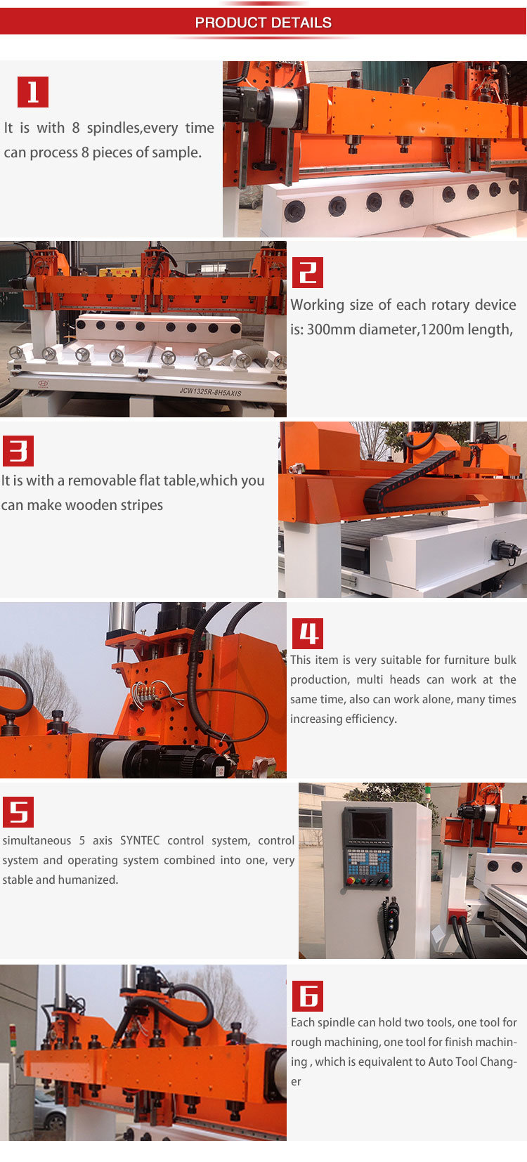 Multi Spindle CNC Router Multi Head CNC Router CNC Multi Spindle Router with 8 Rotary Axis (JCW1325R-8H)
