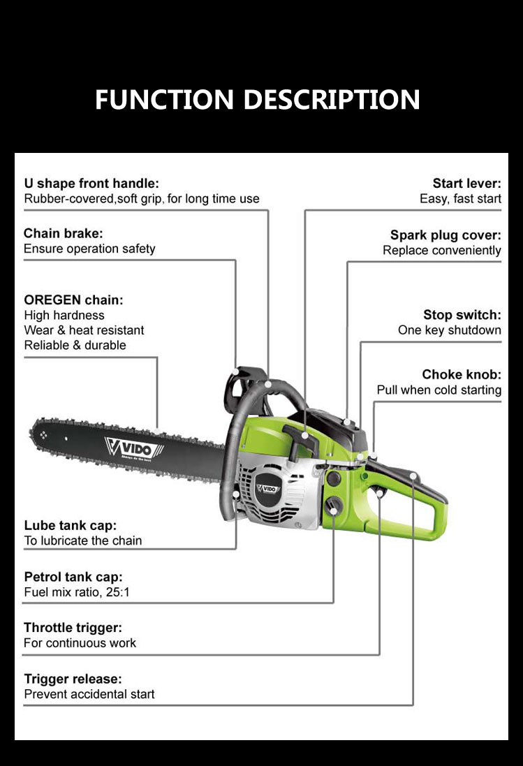 Vido Durable High Efficiency 2 Stroke 45cc Chain Saw for Garden Tools Woodwork to Cut Wood with Oregon Chain