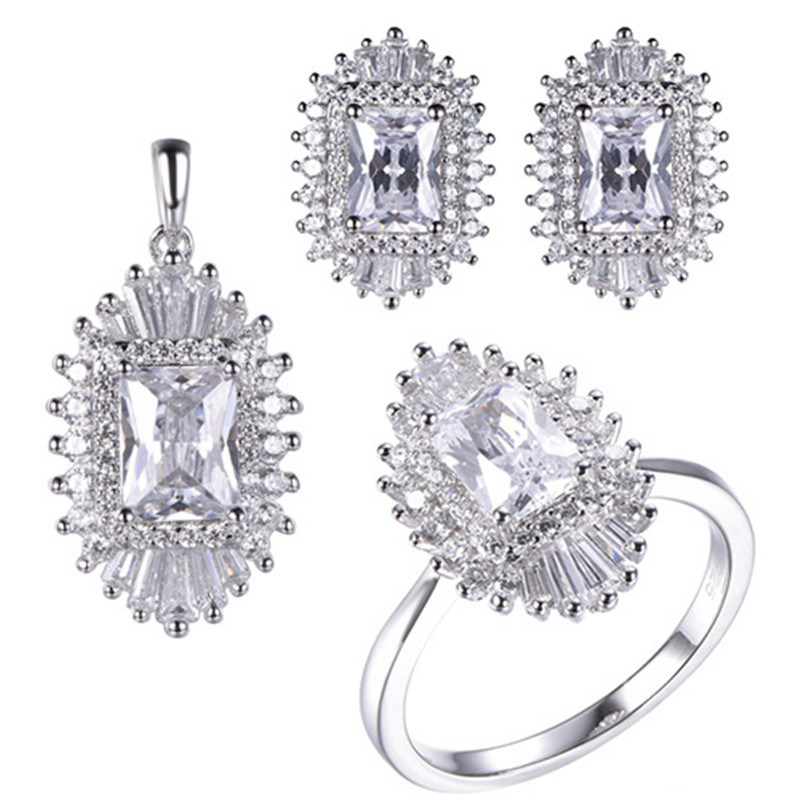 925 Silver Ladder CZ Fan Shaped Earring Ring and Pendant Fashion Jewelry Set for Girls