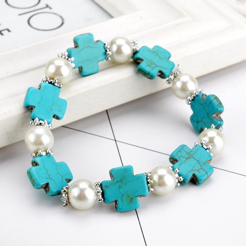 Handmade Cross Shape Turquoise Bead Pearl Bracelet