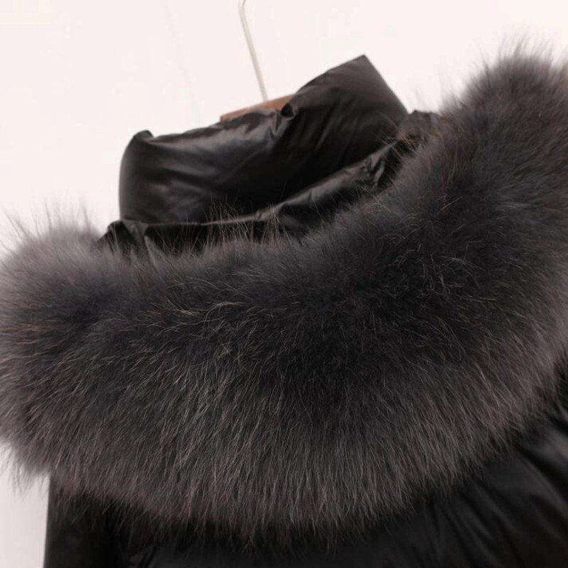 Fashion Hooded Women Fur Collar Plain Overcoat Casual Parka Winter Long White Duck Down Coat