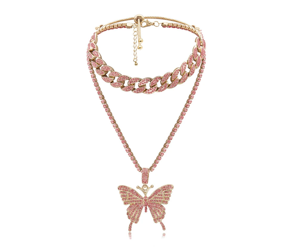 2PCS Set Exaggerated Inlaid Women's Retro Set Jewelry Necklace Diamond Geometric Chain Cuban Butterfly Necklaces