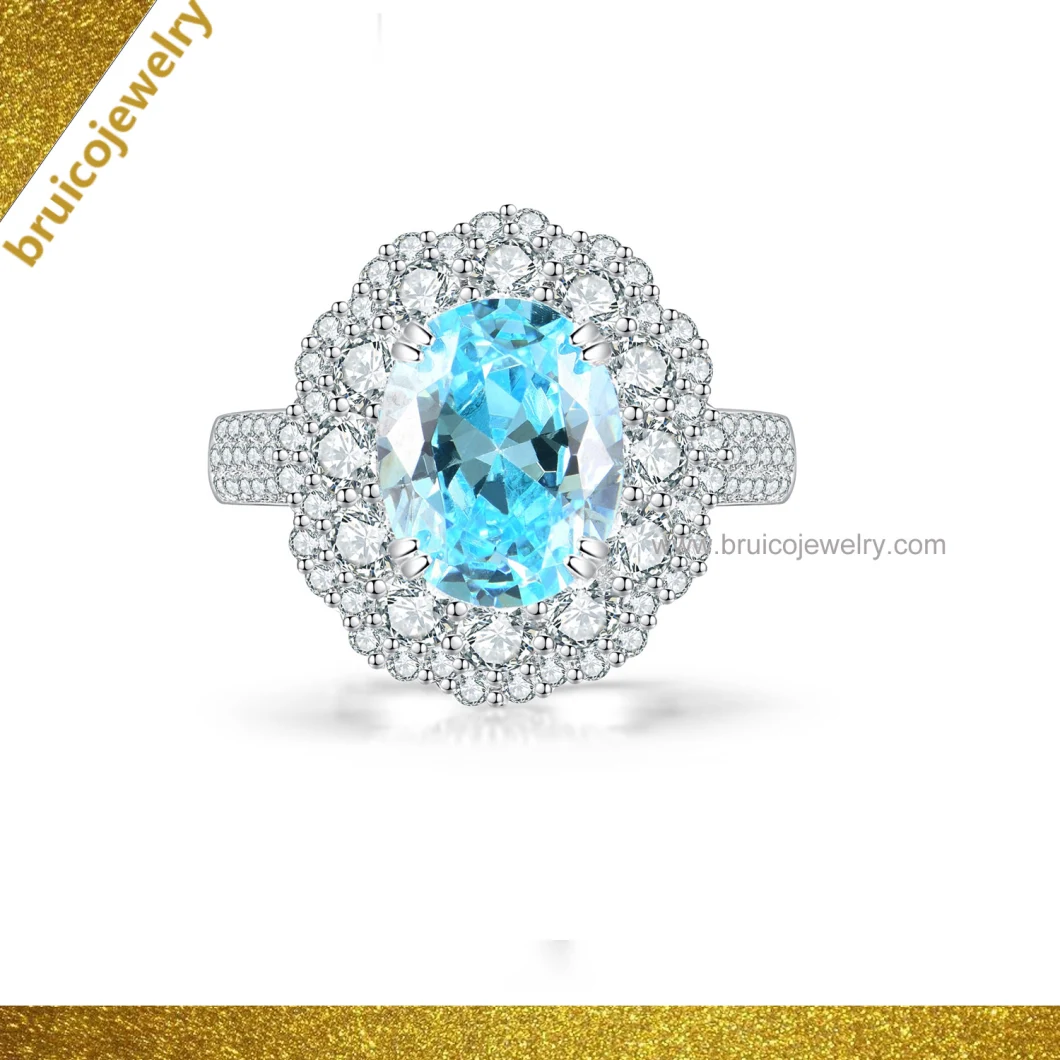 Luxury Oval Aquamarine Jewelry Ring 9K 14K 18K White Gold Ring Jewellery with Diamond for Women