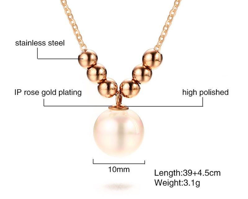 High Polishing IP Roes Gold Steel Bead White Natural Pearl Pendant Necklace