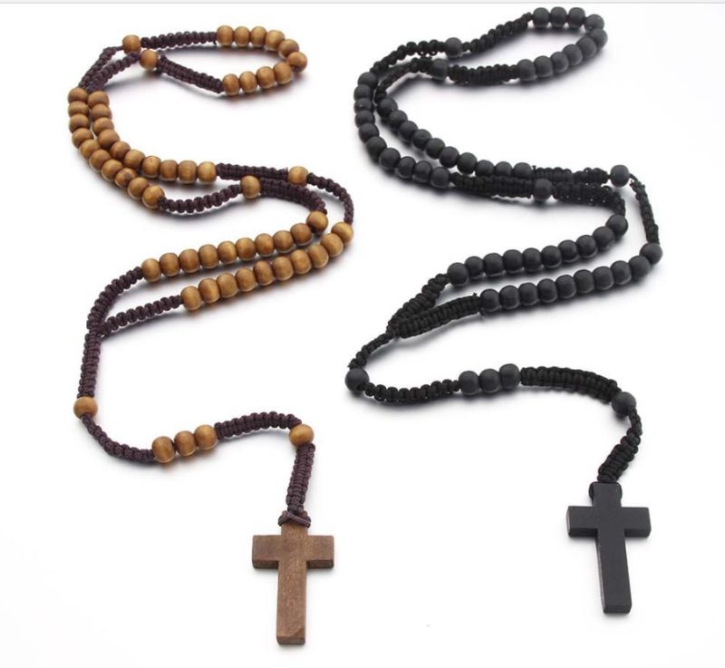 Catholic Rosary Necklace Wood Beads Handmade Cross Necklace