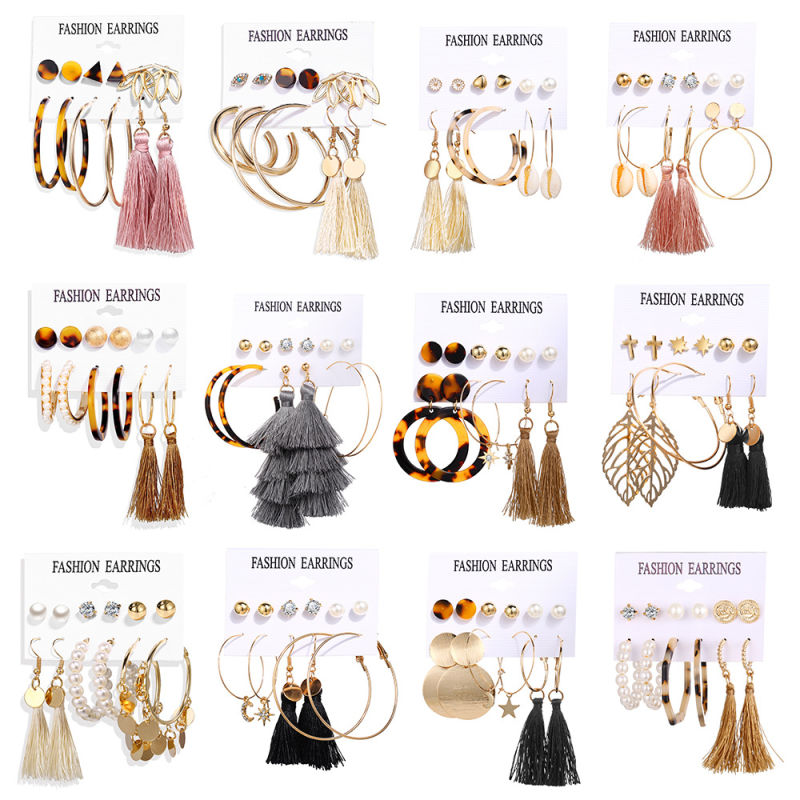 Fashion New Acrylic Faux Pearl Circle Tassel 6-Piece Earrings Set