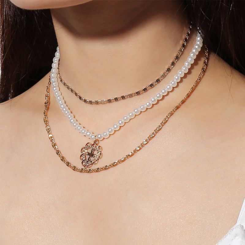 Latest Design Retro Women Exaggerated Pearl Cross Multilayer Necklace