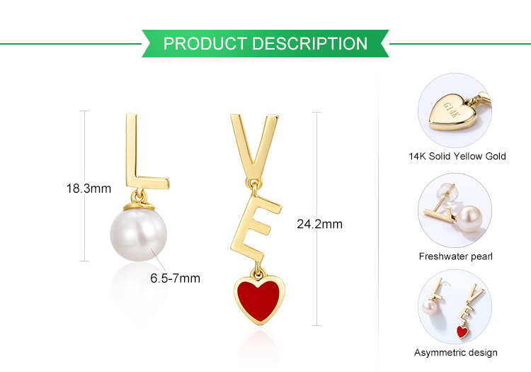 Modern Statement Design Love Earrings Women Solid Gold Asymmetry Earrings with Freshwater Pearl