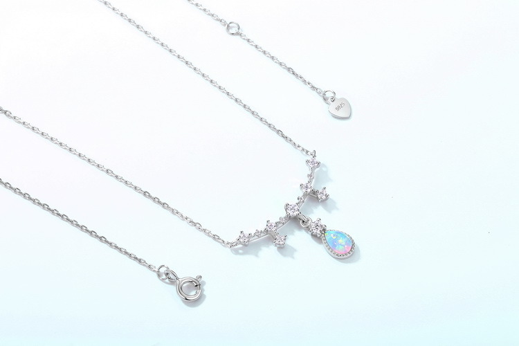 Dainty Synthetic Opal Necklace Sterling Silver Rhodium Plated Clavicle Chain Necklace