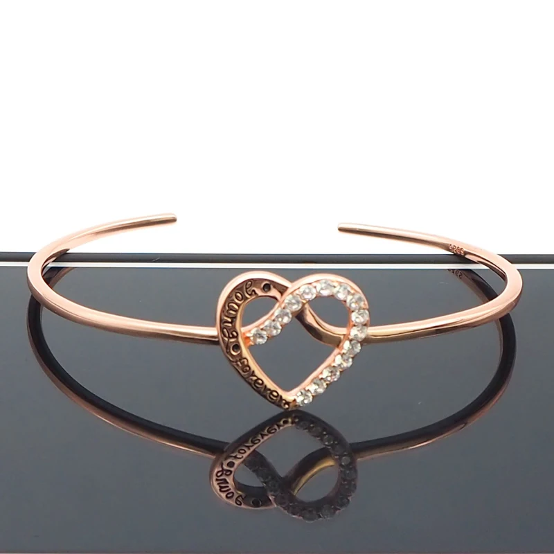 Fashion 925 Silver Jewelry New Design Cubic Zirconia Heart Bracelet Bangle Cuff Charm