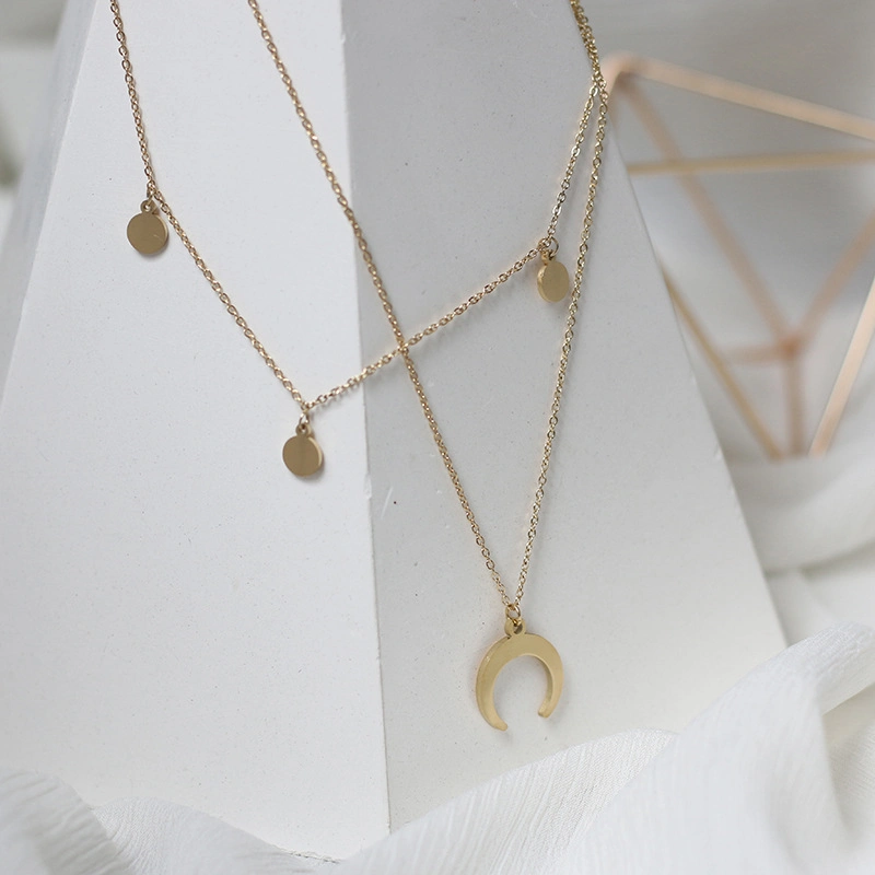 Stainless Steel Women Jewelry Small Coin Disc Moon Pendant Gold Chain Double Layered Necklace