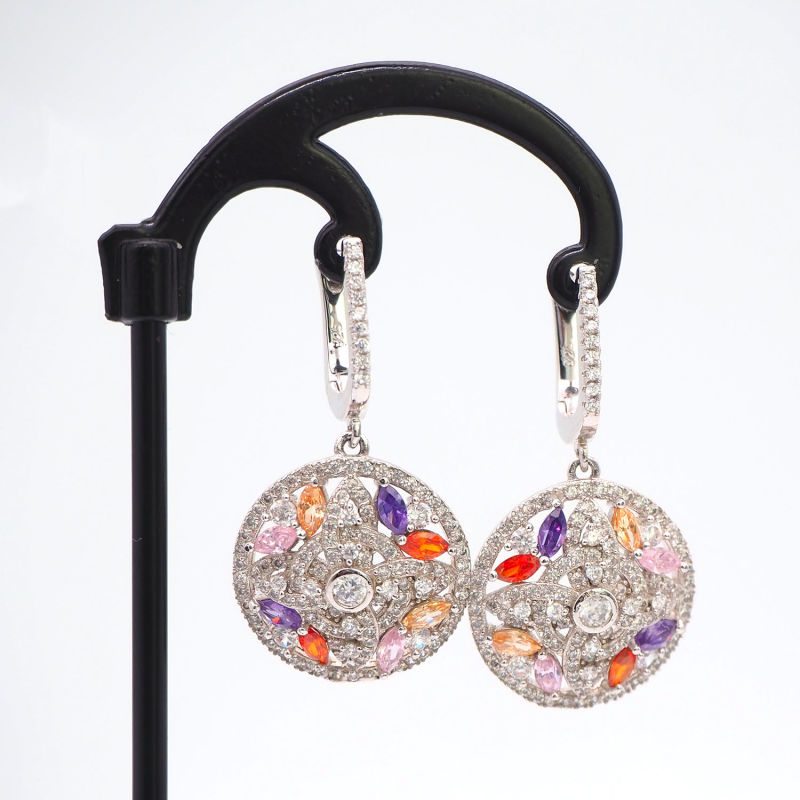 925 Sterling Silver Earrings Multicolor Cubic Zircon Paved Round Women Earrings Dangling Earrings