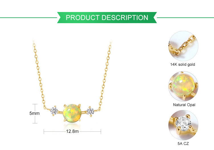 14K Solid Gold 5A CZ Natural Opal Necklace Round Opal Gemstone Gold Necklace