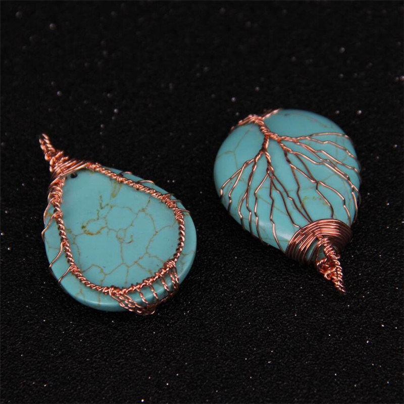 Tree of Life Theme Copper Brass Wire Wrapped Big Teardrop Natural Gemstone Charms Necklace Jewelry Pendant