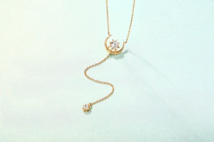 Women Elegant 5A Zircon Necklace Lariat 14K Solid Gold Moon Star Necklace