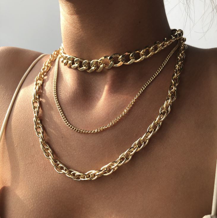 Punk Hip Hop Multi Layer Gold Alloy Chain Necklace Set Cuban Link Necklace for Women
