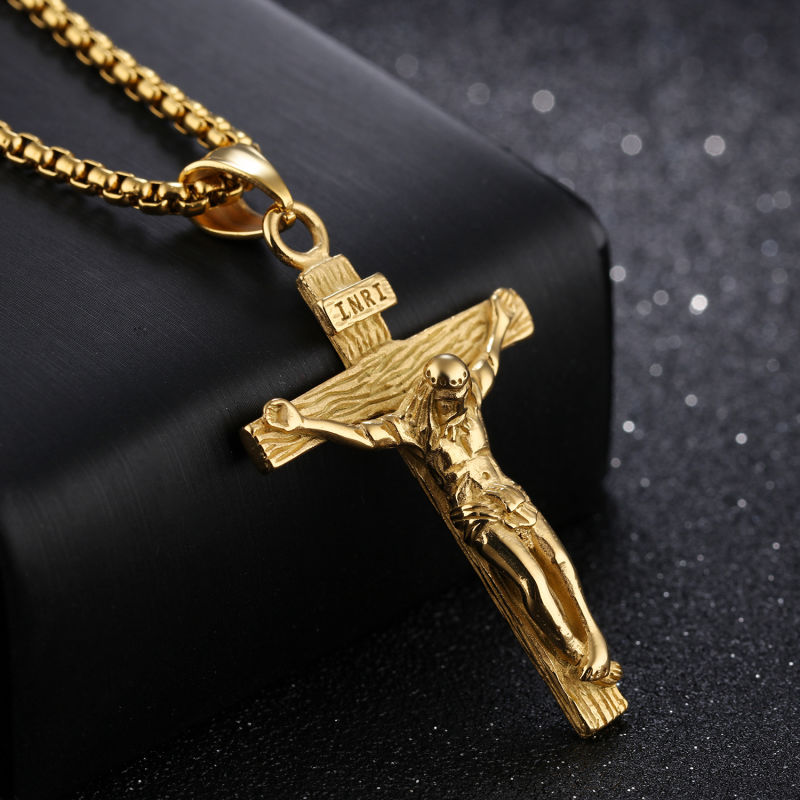 Gold Plated Stainless Steel Jesus Cross Pendant Necklace