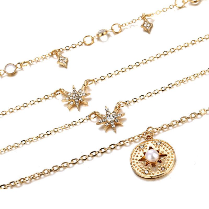 Luxurious Women Pearl Multi Layer Choker Long Necklace with Star Charm